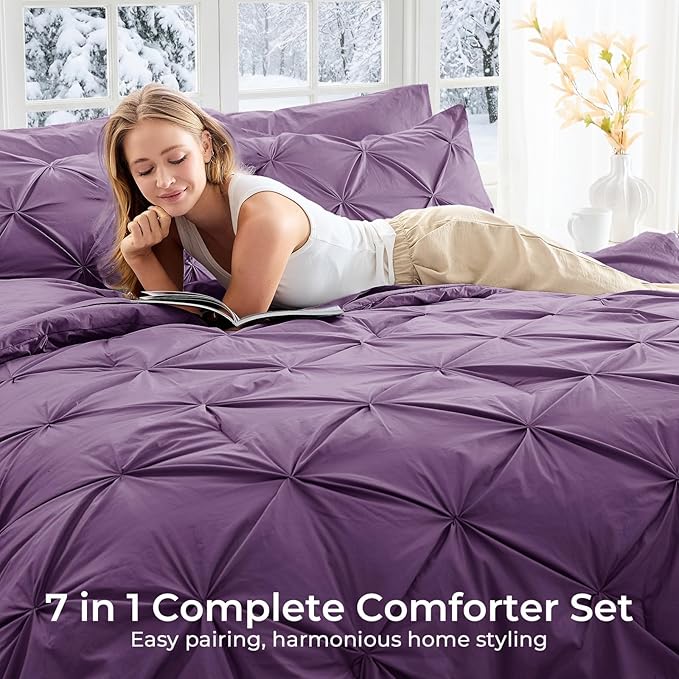 Sasttie Queen Comforter Set, 7-Piece Bed in a Bag, Pintuck Bedding Sets for All Season, Includes Comforter, Flat Sheet, Fitted Sheet, Pillowcases and Pillowshams, Grape Purple