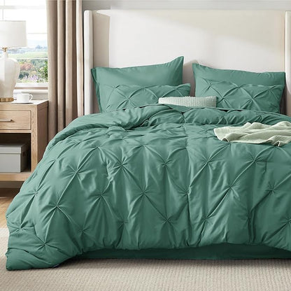 Bedsure California King Comforter Set Graysih Green - Bed in a Bag Cal King Bedding Set 7 Pieces, GentleSoft™ Pintuck Bed Set Gift for Family, Pinch Pleat Comforter with Sheets, Pillowcases & Shams