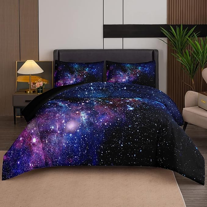 Tailor Shop 5 Pieces Galaxy Comforter Set Full Size Space Blue and Purple Starry Sky Night Pattern Bedding Set for Girls Boys Kids Twin Size(1 Comforter, 1 Flat Sheet, 1 Fitted Sheet, 2 Pillowcases)