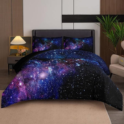 Tailor Shop 5 Pieces Galaxy Comforter Set Full Size Space Blue and Purple Starry Sky Night Pattern Bedding Set for Girls Boys Kids Twin Size(1 Comforter, 1 Flat Sheet, 1 Fitted Sheet, 2 Pillowcases)