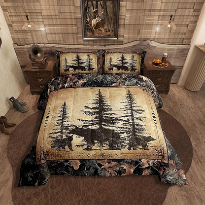 Erosebridal Tree Camo Cabin Comforter Set Twin Rustic Farmhouse Bedding Sets Camouflage Hunting Wildlife Bear Bedding Comforter Sets for Boys Teen Men,Woodland Pine Tree Animal Quilt Set 2 Pcs