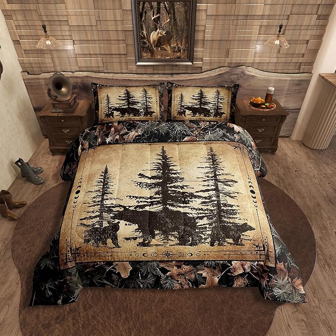 Erosebridal Tree Camo Cabin Comforter Set Toddler Rustic Farmhouse Bedding Sets Camouflage Hunting Wildlife Bear Bedding Comforter Sets for Boys Teen Men,Woodland Pine Tree Animal Quilt Set 2 Pcs