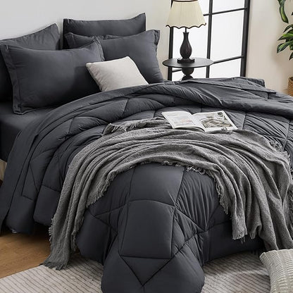 HEVUMYI 120x98 Oversized King Comforter Set Dark Grey- 7-Piece All Season Bed in a Bag Oversized King, Soft Bedding Set with Comforter, Flat Sheet, Deep Pocket Fitted Sheet, Pillowcases, Pillow Shams