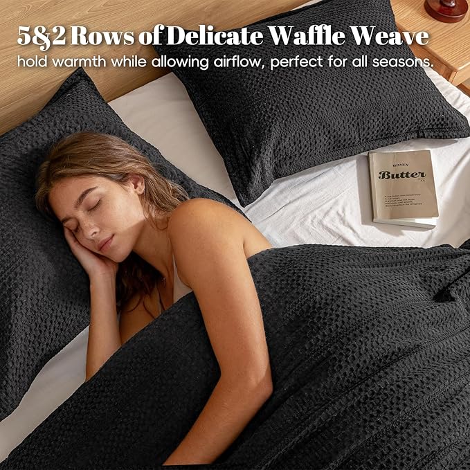 PHF Soft Waffle Comforter Set King Size- Comfy Breathable Waffle Weave Comforter with 2 Pillow Shams, 3 Pieces Less Snagging Lightweight Textured Bedding Set for All Season, Black