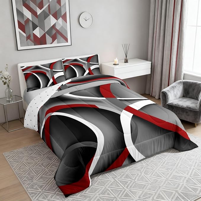 Castle Fairy Stripes Comforter Set King Size Teens Gray Black Red Swirls Room Decor Abstract Circle Bedding Set, Soft Lightweight Modern Simple Style Duvet, Retro Quilt, 1 + 2 Pillowcases