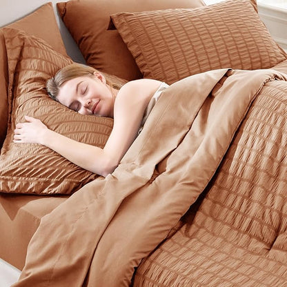 CozyLux Queen Comforter Set Pumpkin Seersucker 7 Pieces Bed in a Bag Queen Comforter Set with Sheets, Luxury Bedding Sets with Down Alternative Comforter, Sheets, Pillowcases & Shams All Seasons
