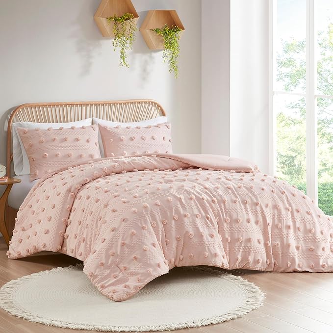 Intelligent Design Queen Duvet Cover Set, Clipped Jacquard Duvet Set Chic Pompoms Accent, All Seasons Lightweight Microfiber Bed Cover for Comforter with 2 Shams, Lucy, Full/Queen Pink 3 Piece