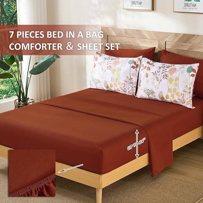 Anibedding 7Pieces Queen Comforter Set, Brown Botanical Bed in a Bag Complete Set with Sheet Pillowcase for Bedroom All Season