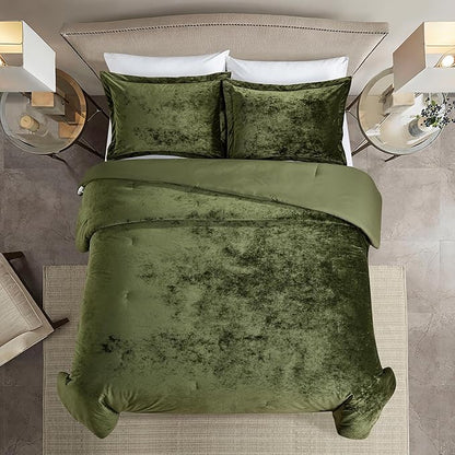 Luxury Velvet King Comforter Set, 3 Pieces Reversible Comforters King Size with 2 Pillow Shams, Brushed Solid Microfiber Back, All Season Cozy, Soft, Warm, Lightweight (Olive Green, 104x90 Inch)
