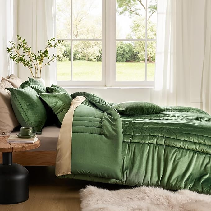 MUSSEL Olive Green Queen Comforter Set 3 Pieces,Luxury Lightweight Fluffy All Season Cozy Velvet Bedding Comforter Sets,Neutral Striped Bedroom Comforter with 2 Shams