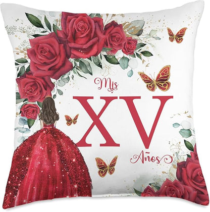 Red Roses Floral Quinceañera Mis XV Años Throw Pillow