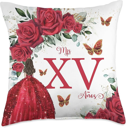 Red Roses Floral Quinceañera Mis XV Años Throw Pillow