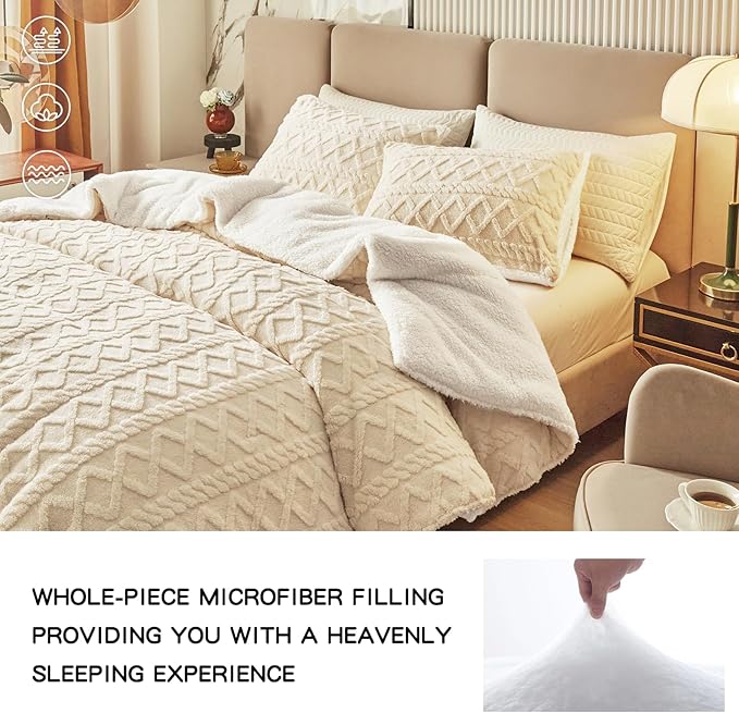 Joyreap 3-Piece Fluffy Faux Fur Sherpa Comforter Set Beige, Twin Size Luxury Tufted Bedding Comforter Set, All Season Soft n Cozy Plush Comforter Bed Set- 68x86 inches