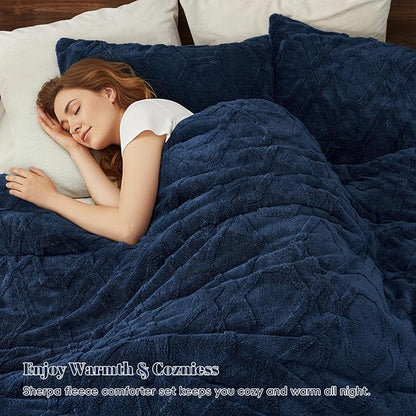 PHF Warm Sherpa Fleece Twin Comforter Set, 3D Tufted Fluffy Navy Blue Bedding for Winter, Soft 2 Pieces Shaggy Bed Set, 1 Comforter (68"x90") and 1 Pillowcase (20"x26")