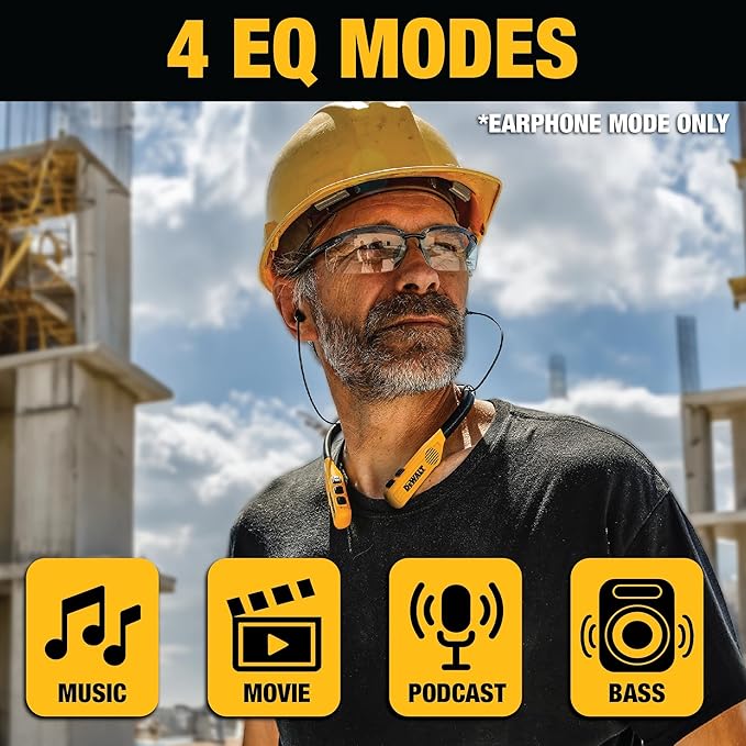 DEWALT Heavy Duty 2-in-1 Neckband Bluetooth Headphones w/Built-in Speakers, Jobsite Wearable Speaker & Around Neck Headphones, Wireless Bluetooth Headset, 60+ Hrs Hands-Free Music/Calls, Carry Pouch