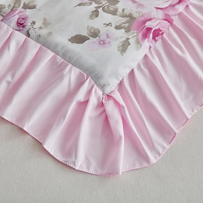 Flower Comforter Set Queen Size 90 * 90in - White Pink Floral Style -3 Pieces Shabby Chic Farmhouse Bedding Set with Ruffled Fringe Rustic Lightweight Botantical Ruffle Comforter with Shams