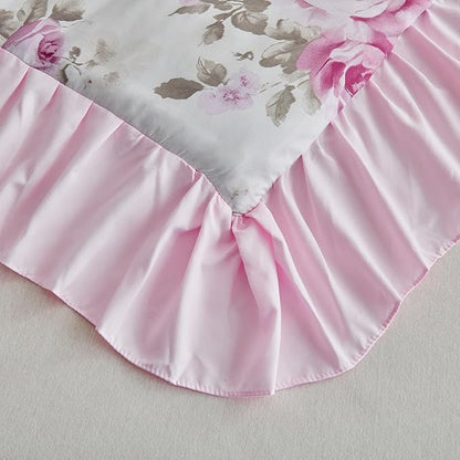 Flower Comforter Set Queen Size 90 * 90in - White Pink Floral Style -3 Pieces Shabby Chic Farmhouse Bedding Set with Ruffled Fringe Rustic Lightweight Botantical Ruffle Comforter with Shams