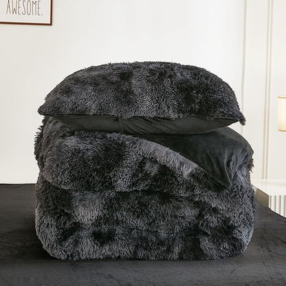 Andency Faux Fur Tie-Dyed Black Grey Comforter for Queen Size Bed, 3 Pieces Fluffy Fuzzy Plush Bedding Set (1 Shaggy Velvet Comforter & 2 Pillowcases), Soft Puffy Down Bedding Set