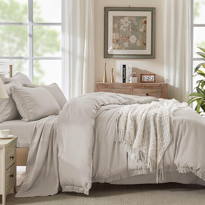 Andency Full Size Comforter Set Heather Grey -7 Pieces Boho Tassel Bed in a Bag Soft Lightweight Bedding Sets, Fringe All Season Bed Set with Comforter, Sheets, Pillowcases & Shams