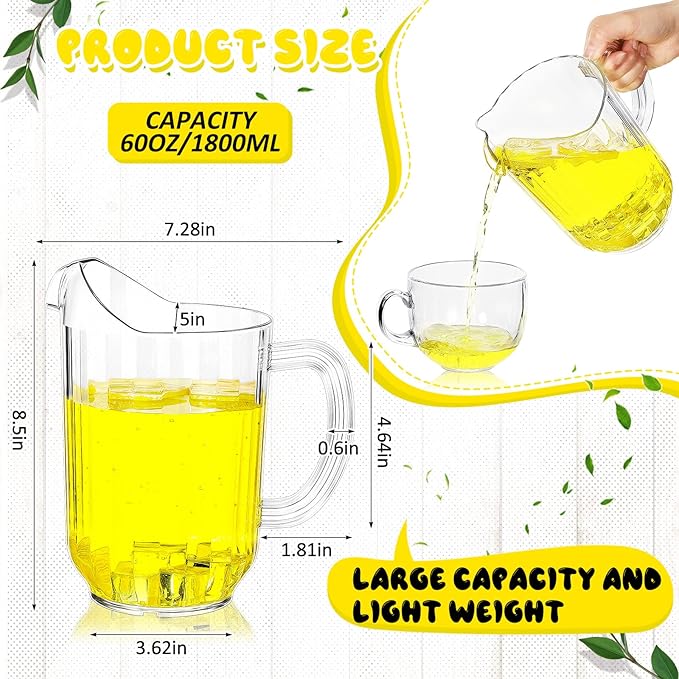 Tessco for you 12 Pcs Plastic Pitchers 60 Ounce Clear Restaurant Jug Large Water Pitcher Carafe Serve Milk Tea Juice Drink for Parties Container Dispenser Beer Jar (Classic)
