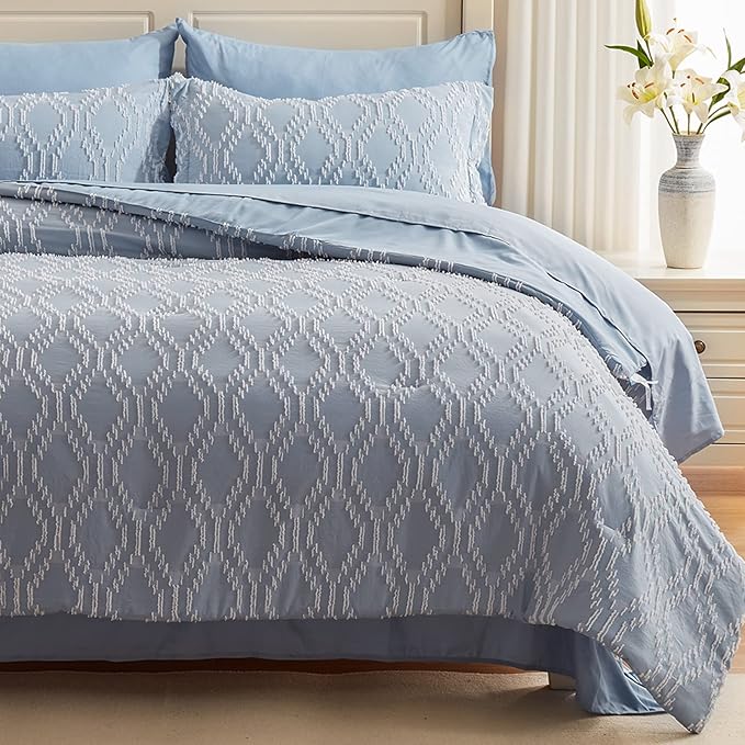EMME 7 Piece King Embroidery Comforter Set Bed in A Bag, Microfiber Tufted Bedding Comforter with Sheets, Ultra Soft Comfortable Boho Bedding Set for All Season (King, Dusty Blue)