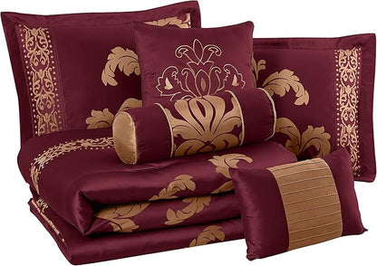 Chezmoi Collection 7-Piece Jacquard Floral Comforter Set (Queen, Maroon)