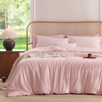 Nayoroom Gingham Comforter Set Full Size Pink Plaid Checkered Dorm Bedding Set Girls 3 Pieces Soft Lightweight Farmhouse Grid Comforter for All Seasons (1 Comforter, 2 Pillowcases)