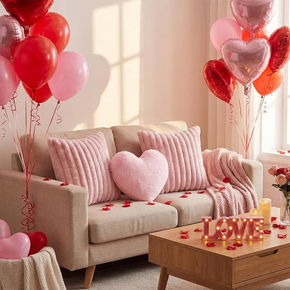Leinuosen Set of 3 Pink Heart Throw Pillow and 18 in Pillows Covers for Spa Party Faux Fur Decorative Heart Shaped Pillow Furry Stripe Pillowcase for Girls Night Bed Couch Living Room Home Decor