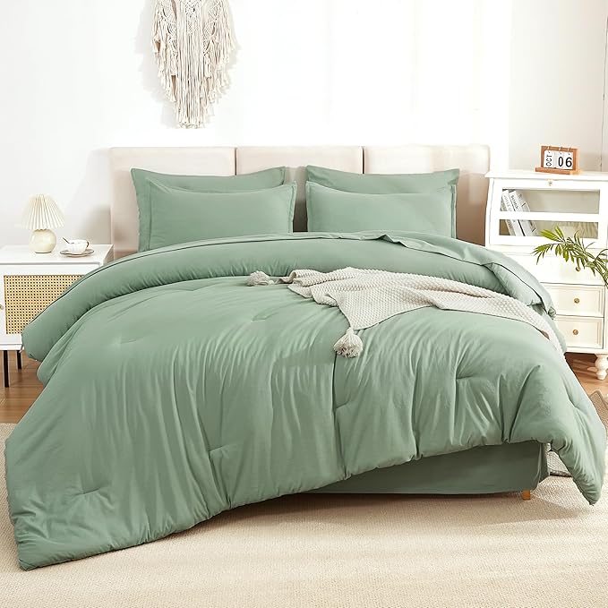 Litanika Comforter King Size Set Sage Green - 7 Pieces Bed in a Bag King Bedding Comforter Sets, Plain Lightweight Bed Set with Comforter, Sheets, Pillowcases & Shams