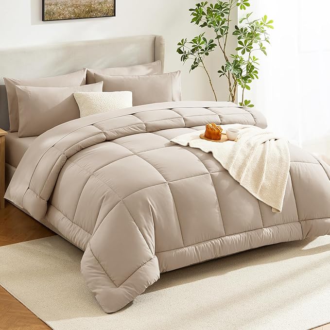 CozyLux Queen Size Comforter Sets Wheat, 7 Pieces Bed in a Bag, Wheat Comforter Queen Size, All Season Bedding Sets with Stitch Quilted Comforter, Flat Sheet, Fitted Sheet, Pillowcases