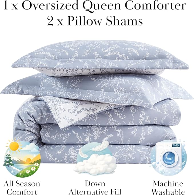 Southshore Fine Living, Inc. Queen Size Comforter Sets, Hotel Quality Bedding, Floral Bed Spread with Matching Shams, Reversible Print is 2 Colors in 1, Fits Queen & Full Beds, Winter Brush Blue/White