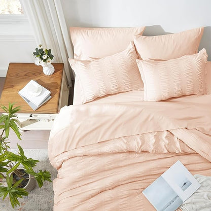 Zzlpp Full Comforter Set 7 Pieces, Pink Seersucker Bed in a Bag with Comforter and Sheets, All Season Bedding Sets with 1 Comforter, 2 Pillow Shams, 2 Pillowcases, 1 Flat Sheet, 1 Fitted Sheet