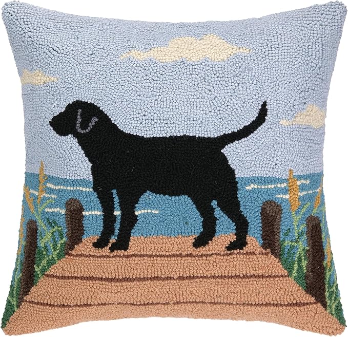 Black Lab on Dock Wool Hook Pillow for Lake House or Cabin by The Pillow Shoppe, 18" Square