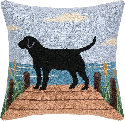 Black Lab on Dock Wool Hook Pillow for Lake House or Cabin by The Pillow Shoppe, 18" Square