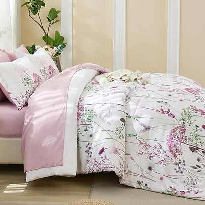 Yiran Pink Comforter Set Queen, 7 Piece Dandelion Floral Bedding Set, Botanical Bed in a Bag Queen, Soft Microfiber Complete Bedding Set with Comforter, Sheets, Pillowcases & Shams
