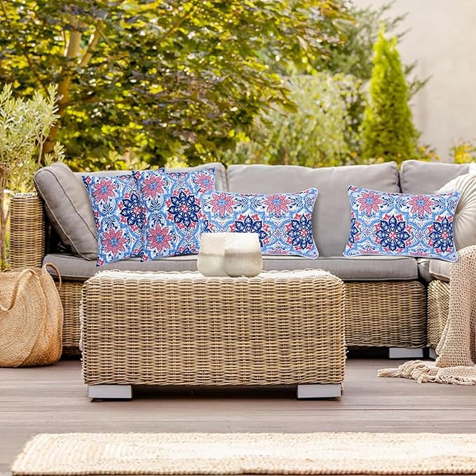 JMGBird Water-Resistant Outdoor Pillows Set of 2, 18x18 inch Durable White with Red Mandala Flower Throw Pillows with Inserts for Patio Furniture