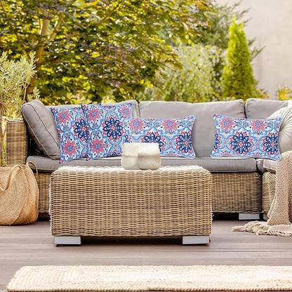 JMGBird Water-Resistant Outdoor Pillows Set of 2, 18x18 inch Durable White with Red Mandala Flower Throw Pillows with Inserts for Patio Furniture