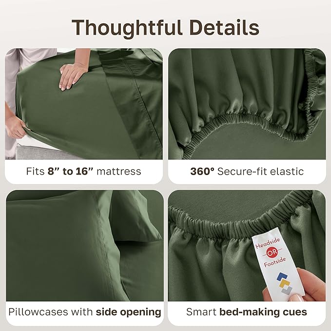 California Design Den 100% Cotton Sheets Queen Size Set - Luxury 600 Thread Count Sateen, Cooling Queen Cotton Sheets with Deep Pockets, Hotel-Quality Bedding - Dark Olive Green