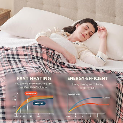 Homemate Electric Blanket Heated King Size - 100“x90“ Ultra Soft Cozy Flannel Heating Blanket with 10 Fast Heat Levels 8 Hours Auto Off Over-Heated Protection ETL Certification Keep Warm in Home