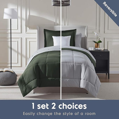 Nestl 5 Piece Twin XL Comforter Set – Olive Green Reversible Bed in a Bag – Complete Twin XL Size Bedding Set with Sheets, Pillowcase and Sham