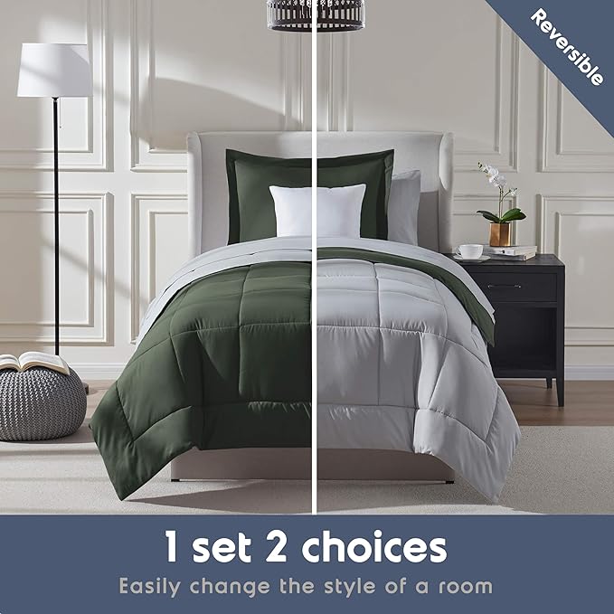 Nestl 5 Piece Twin Comforter Set – Olive Green Reversible Bed in a Bag – Complete Twin Size Bedding Set with Sheets, Pillowcase and Sham