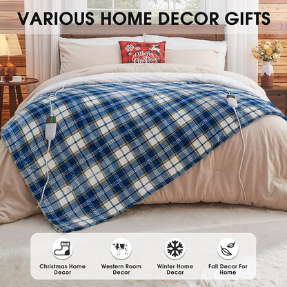 Heated Electric Blanket Queen Size, 84X90 Heating Blanket Queen with Dual Control&10 Heats Levels&Timer for Bed,Blue Plaid Sherpa Soft Blankets Warmer Gift for Grandma Women Adults, Washable