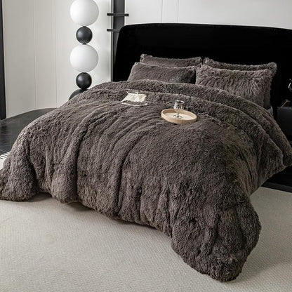 chovy Faux Fur Plush Gray Comforter Sets Full/Queen - Ultra Soft Shaggy Flannel Velvet Fluffy Fuzzy 3PC Bedding Set (Comforter x 1 Pillowcases x 2)