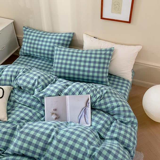 VM VOUGEMARKET Green Gingham Comforter Set Queen,Plaid Comforter with 2 Pillowcases for All Seasons,3 Pcs Modern Simple Grid Bedding Set for Men Women