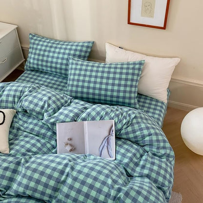 VM VOUGEMARKET Green Gingham Comforter Set Queen,Plaid Comforter with 2 Pillowcases for All Seasons,3 Pcs Modern Simple Grid Bedding Set for Men Women
