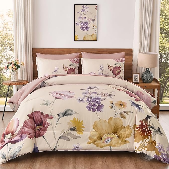 DJY 7 Pieces King Floral Comforter Set, Cream & Blush Botanical Bed in a Bag, Soft Microfiber Comforter and Sheet Set with Flower Leaves Pattern, Floral Bedding Set for All Season(104''x90'')