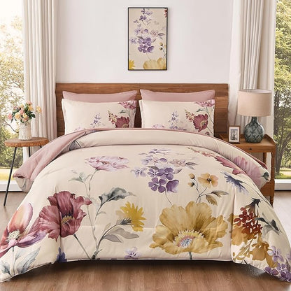 DJY 7 Pieces King Floral Comforter Set, Cream & Blush Botanical Bed in a Bag, Soft Microfiber Comforter and Sheet Set with Flower Leaves Pattern, Floral Bedding Set for All Season(104''x90'')