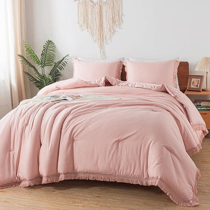 Andency Pink Comforter Set Full Size for Girls, Blush Boho Women Tassel Lightweight Bedding Comforter Sets, 3 Pieces All Season Soft Fluffy Fringe Bed Set (79x90In Comforter & 2 Pillowcases)