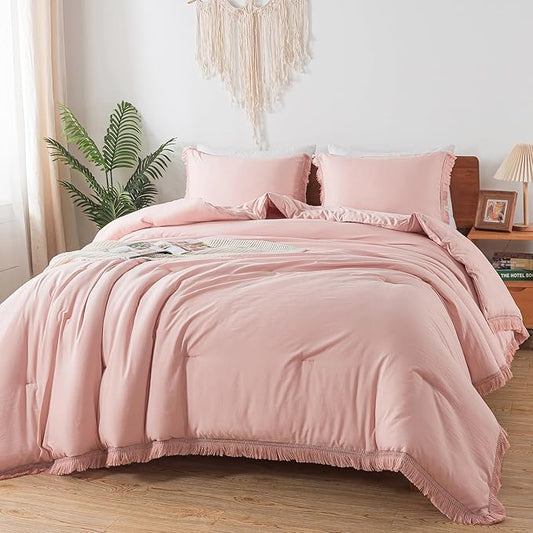 Andency Pink Comforter Set Full Size for Girls, Blush Boho Women Tassel Lightweight Bedding Comforter Sets, 3 Pieces All Season Soft Fluffy Fringe Bed Set (79x90In Comforter & 2 Pillowcases)