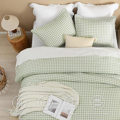 Andency Sage Gingham Comforter Set Queen(90x90Inch), Green Checkered Grid Plaid Buffalo Bed Set for Girls Boys Kids Teens, 3 Pieces Lightweight Microfiber Geometric Preppy Bedding